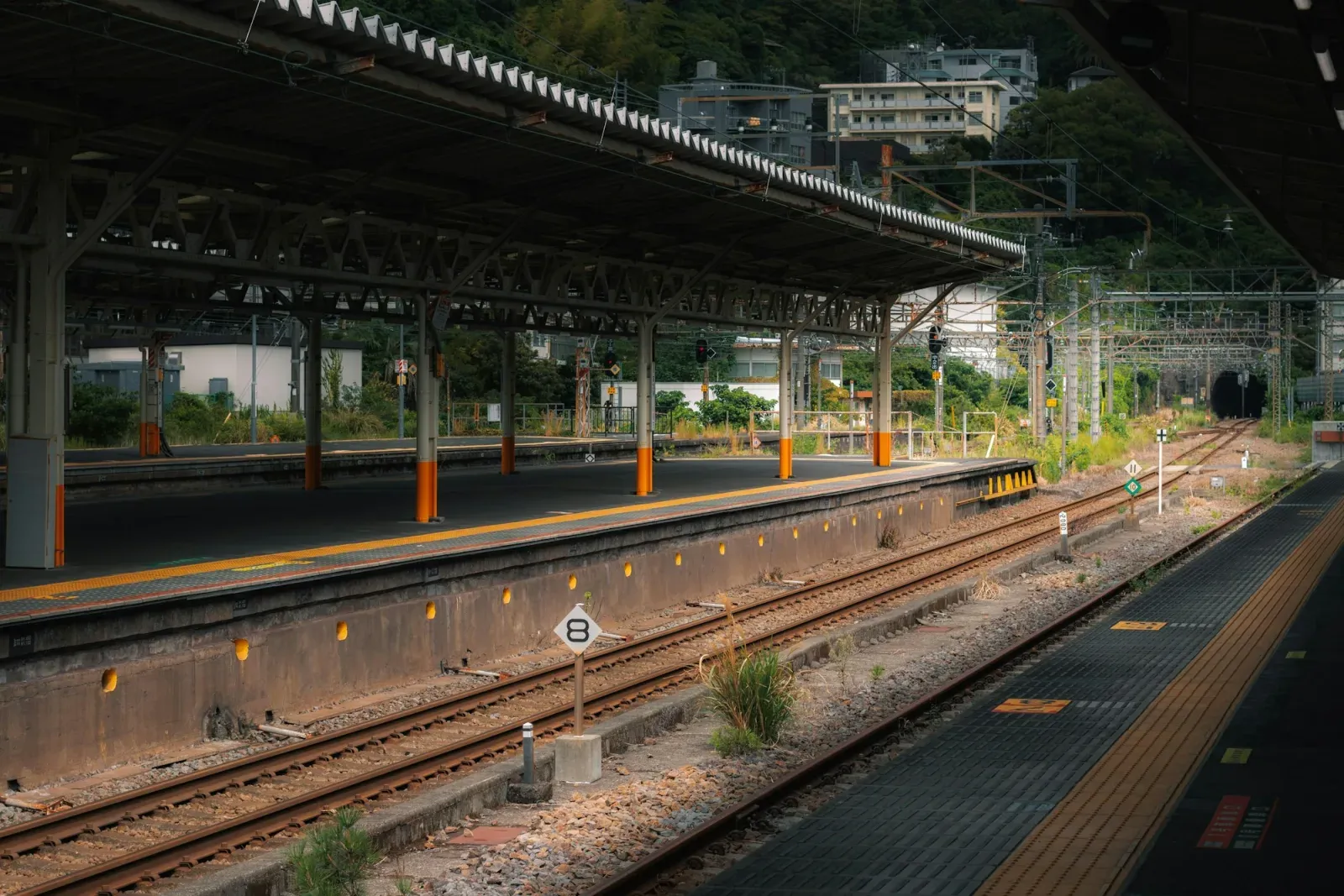 Empty train station platform with tracks and an overhead canopy, no train in sight